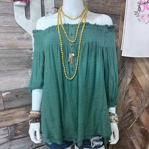 Kori America Smocked Off Shoulder Trapeze Top Button Placket Detail Teal💗 - Picture 3 of 7